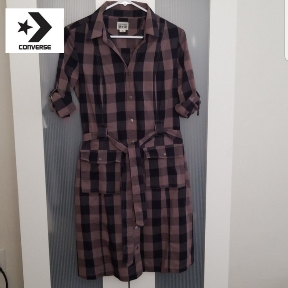 Converse Plaid Check Shirt Dress Brown Medium